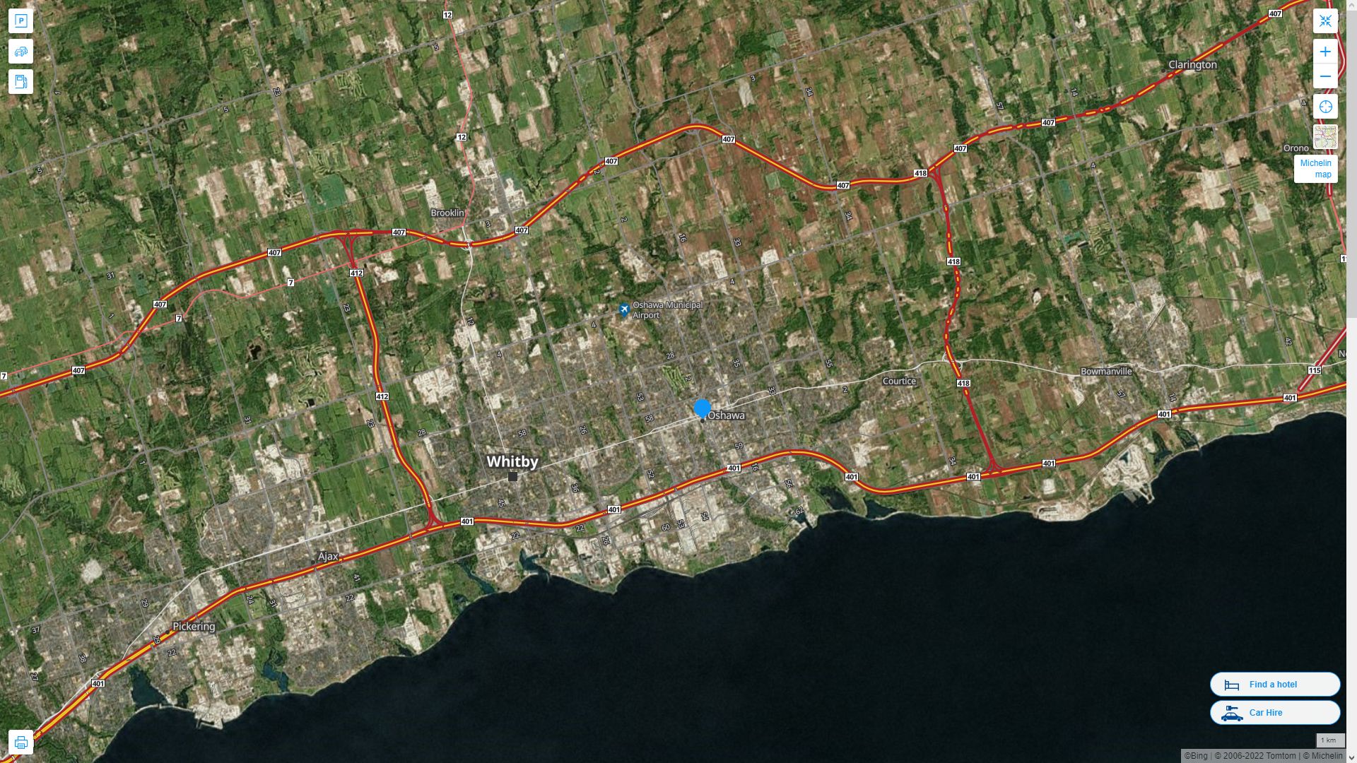 Oshawa Canada Autoroute et carte routiere avec vue satellite